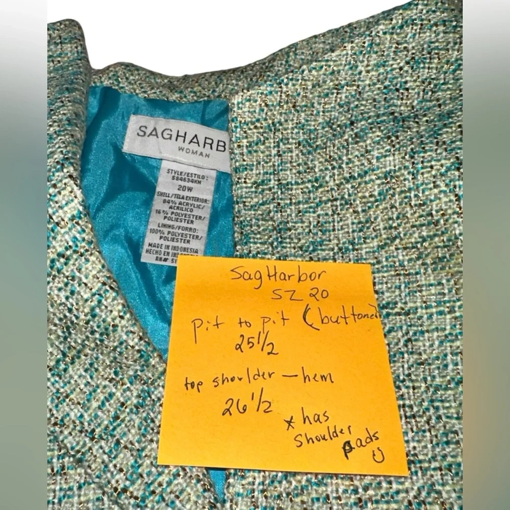 Sag Harbor Blazer size 20 has shoulder pads aqua blue‎ sea foam green